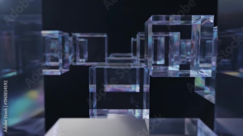 Abstract 3D Render of Clear Glass Cubes Moving in a Dark Digital Space with Light Flares.