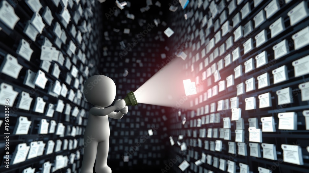 Fototapeta premium Stick figure illuminates endless rows documents. Search concept, data overload, information retrieval depicted visually. Dark background emphasizes light beam.