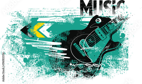 music, grunge illustration design, Guitar silhouette illustration grunge texture, typography street art graffiti, guitar symbolic image graffiti style, street art graffiti vector for graphic tees