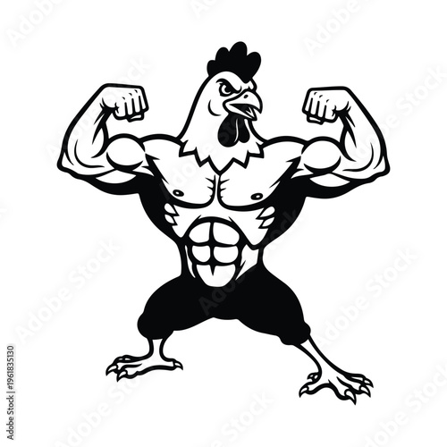 Muscular Chicken Bodybuilder Flexing Pose – Funny Cartoon Rooster Vector Illustration