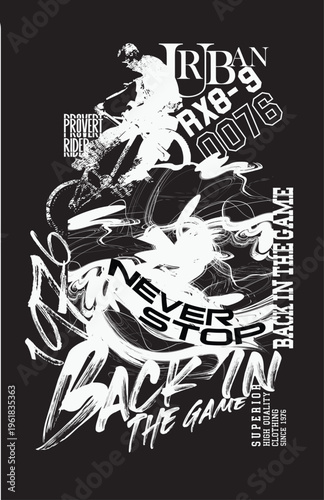 Rider graffiti slogan print, Urban typography hipster street art, freestyle slogan, biker freestyle art comic, bmx rider in abstract sport illustration, t shirt graphics print vector design.eps