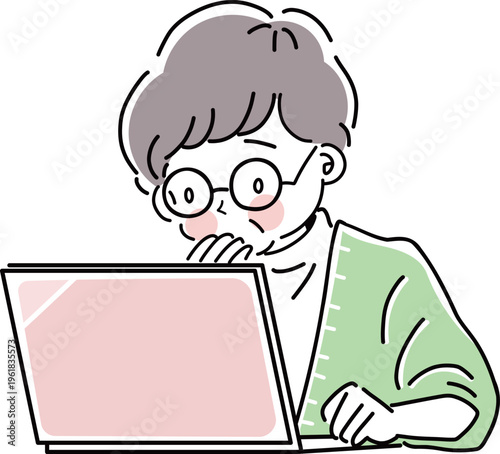 ノートパソコンの操作で困っているシニア女性