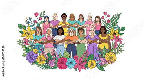 Diverse Group of Women Standing Together Surrounded by Flowers.