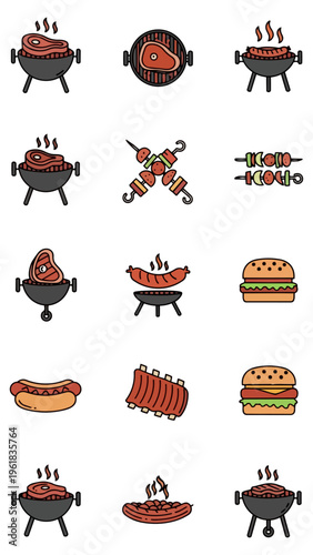 Barbecue icons set grills steaks burgers hotdogs skewers illustrations