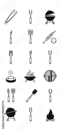 Barbecue tools and grilling equipment icons on black background