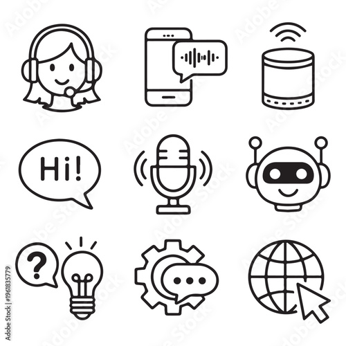 Virtual Assistant Icons Pack – Customer Support, AI Bot, Helpdesk Vector Set
