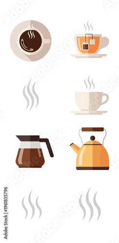 Beverage illustrations coffee tea kettle and cups on black background
