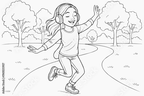 Coloring page for children - a teenage girl with headphones is dancing happily along a park path