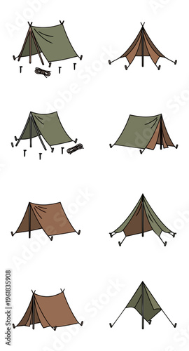 Camping tents collection isolated on black background vector illustration