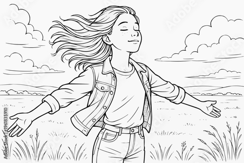 Coloring page for children - a teenager feels free with her arms spread out in a picturesque field