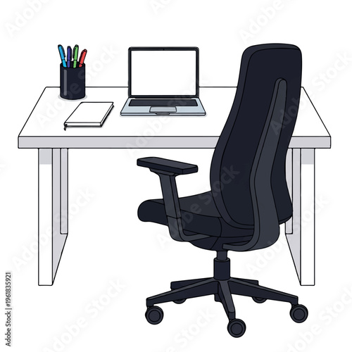 An office desk with a black chair, laptop, notebook, and colorful pens on a white tabletop against a plain white background.