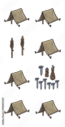 Camping tents and supporting structures isolated on black background