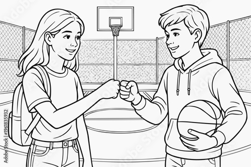 Coloring page for children - two teenagers fist-bumping each other on a basketball court.