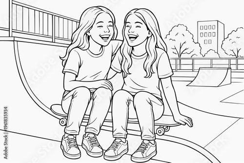 Coloring page for children - two friends laughing while sitting on a skateboarding ramp, relaxed and joyful mood, urban skate park.