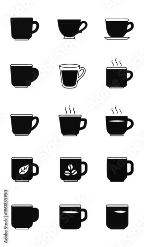 Coffee cup icons in black and white arrangement on dark background