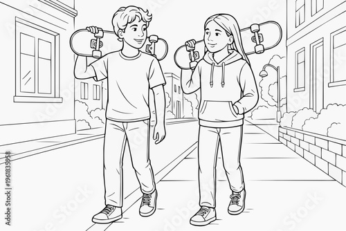 Coloring page for children - two teenagers walking with skateboards on their shoulders