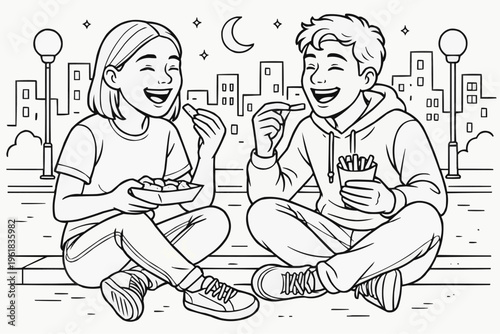 Coloring page for children - two teenagers enjoying street food, laughing in the park at night.