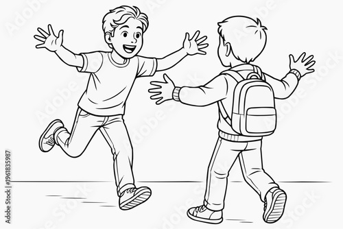 Coloring page for children - two friends running happily towards each other