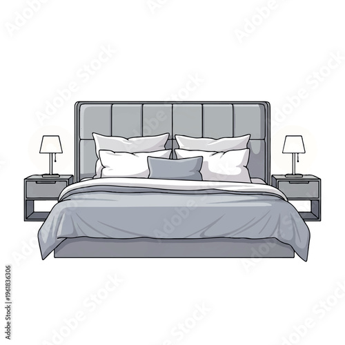A neatly made bed with a gray upholstered headboard, white and gray pillows, and two nightstands with lamps on either side, set against a plain white background in a flat illustration style.