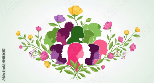 Diverse women faces in profile surrounded by floral elements.