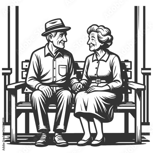 happy senior couple sitting close on wooden bench, expressing love, companionship and lifelong partnership sketch engraving generative ai vector illustration. Scratch board imitation. Black and white