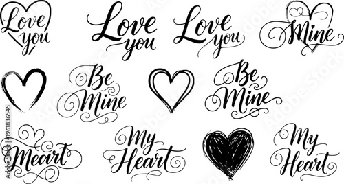 Collection of solid black handwritten hearts and love lettering, minimalist calligraphy silhouettes and romantic vector illustrations isolated on white.
