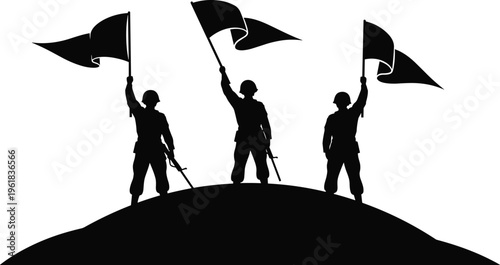 Soldiers raising flags silhouettes, military victory concept, patriotism strength, war heroes, national pride, minimal black white vector illustration design