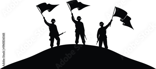 Soldiers silhouettes with flags on hill, military victory concept, patriotism strength, war heroes, national pride, minimal black white vector illustration