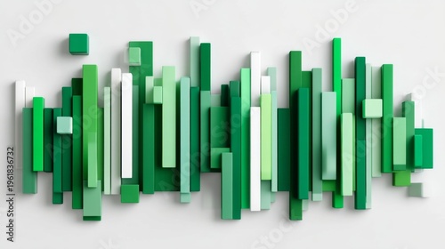 Abstract design featuring vertical blocks in varying shades of green and white displayed on a gray background, showcasing modern art and creative textures