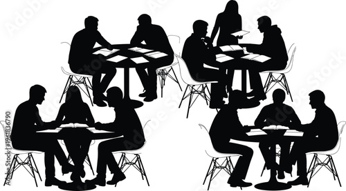 Business meeting silhouettes set, team discussion at table, office collaboration, brainstorming concept, teamwork communication, minimal black white vector illustration design