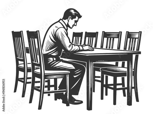 man sitting alone at a table surrounded by empty chairs, symbolizing loneliness, isolation, and solitude sketch engraving generative ai vector illustration. Scratch board imitation. Black and white.