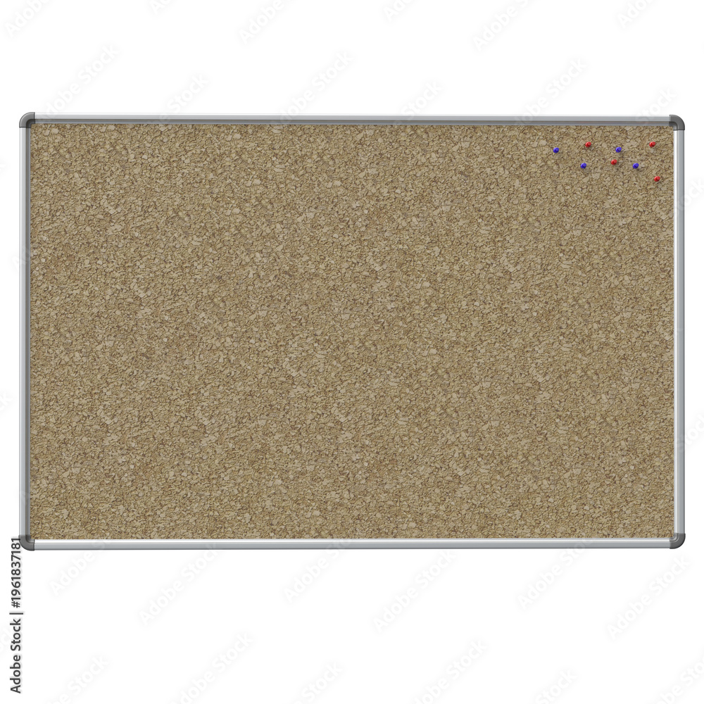 Fototapeta premium Empty clean natural cork bulletin board with standard silver aluminum frame. Blank office notice board isolated on transparent background. Push pins in the top right corner. Ready universal mockup tem