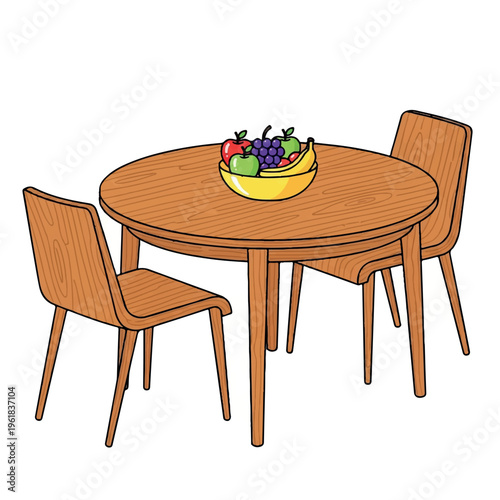 Illustration of a wooden dining table with two chairs and a bowl of fruit on a white background.