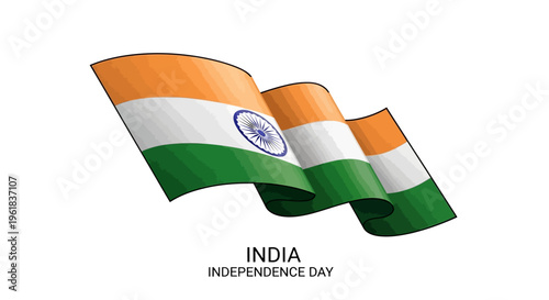 Illustration of the Indian flag waving on India Independence Day, August 15, against a clean white background.