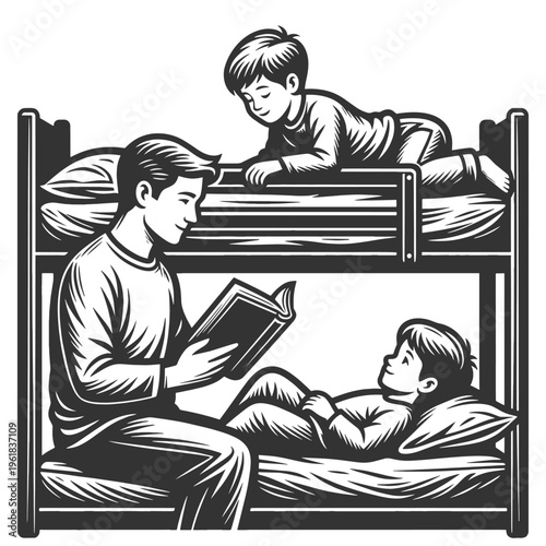 father reading beside bunk beds while children sleep, parenting, bedtime routine, care, and family bonding sketch engraving generative ai vector illustration. Scratch board imitation. Black and white.