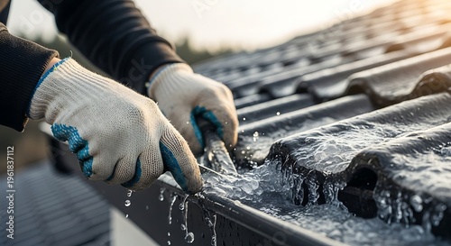 Close-up of gloved hands cleaning ice and debris from a house gutter during winter, showing essential home maintenance.