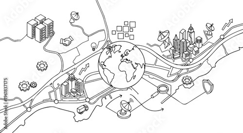 Isometric line art of global network map and satellite communication