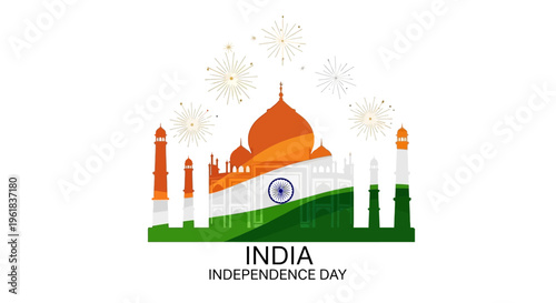 Illustration of the Taj Mahal with Indian flag colors and fireworks on India's Independence Day, August 15, against a white background.