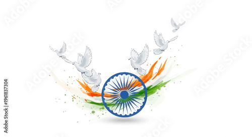 Vibrant illustration of the Indian flag's Ashoka Chakra with white doves and splashes of orange, white, and green on India Independence Day, August 15th.