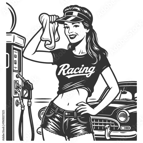 cheerful woman in a crop top and shorts labeled Racing, standing near a gas pump with a playful pose sketch engraving generative ai vector illustration. Scratch board imitation. Black and white image.