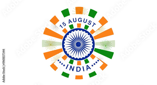 Graphic design celebrating India Independence Day on 15 August with vibrant colors and a wheel motif.