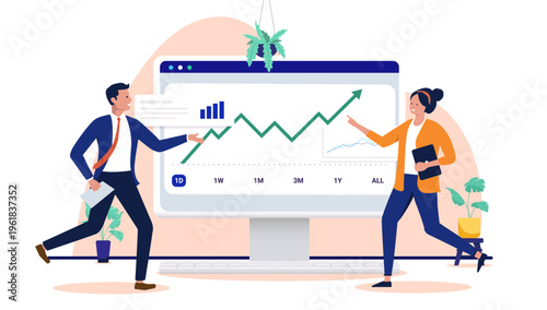 Happy businesspeople looking at rising financial growth chart on large computer screen, successful stock market investment, data analysis and profit increase, flat design vector illustration