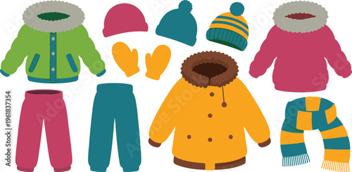 Colorful vector set of winter clothing and cold weather accessories including jackets coats hats mittens and scarves for seasonal fashion isolated on white background