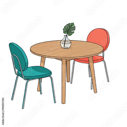 Illustration of a round wooden table with a potted plant between two chairs, one teal and one orange, on a white background with a flat design style and a mix of earthy tones.