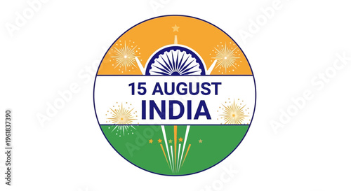 A circular emblem celebrating India Independence Day on 15 August with a tricolor design and iconic Indian symbols.