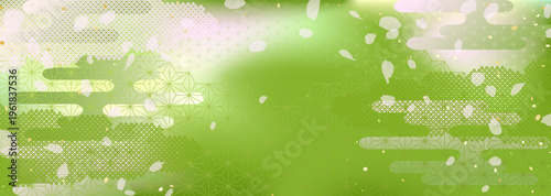 抹茶と桜のようなグラデーションと伝統的な模様を合わせた和風背景イラスト