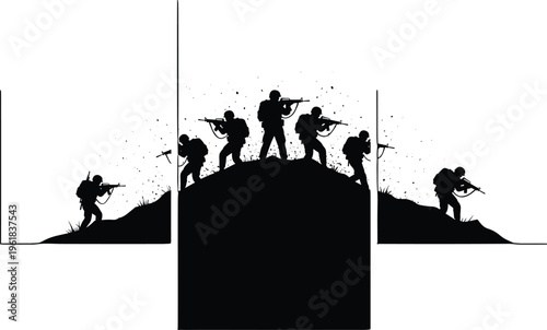 Military soldiers in combat silhouettes, battlefield action scene, armed forces operation, war strategy concept, defense teamwork, minimal black white vector illustration