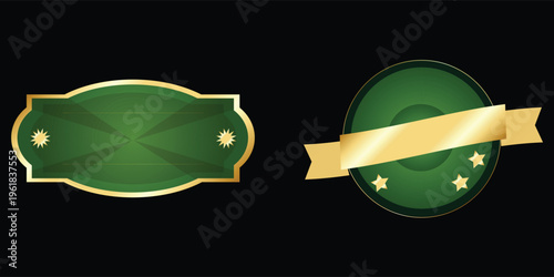 Vector collection of green and gold oval plaques with decorative borders on black backdrop.