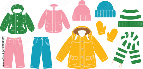 Colorful vector set of winter clothing and cold weather accessories including jackets coats hats mittens and scarves for seasonal fashion isolated on white background