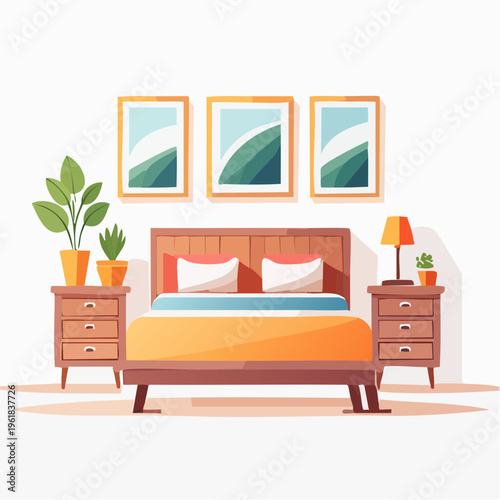 Inviting and cozy bedroom interior with stylish furniture, refreshing plants, and modern wall decor